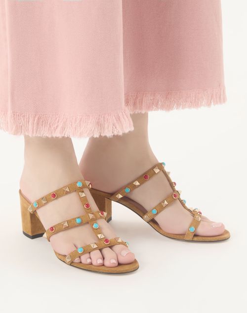 Valentino Garavani - Rockstud Slide Sandal In Suede With Cabochon Stones 60mm - Havana Beige - Woman - Sandals